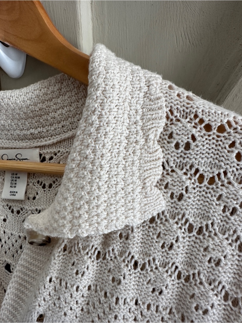 Jessica Simpson Crochet Knit Button Front Sweater Top Ivory Medium Boho - Picture 6 of 11